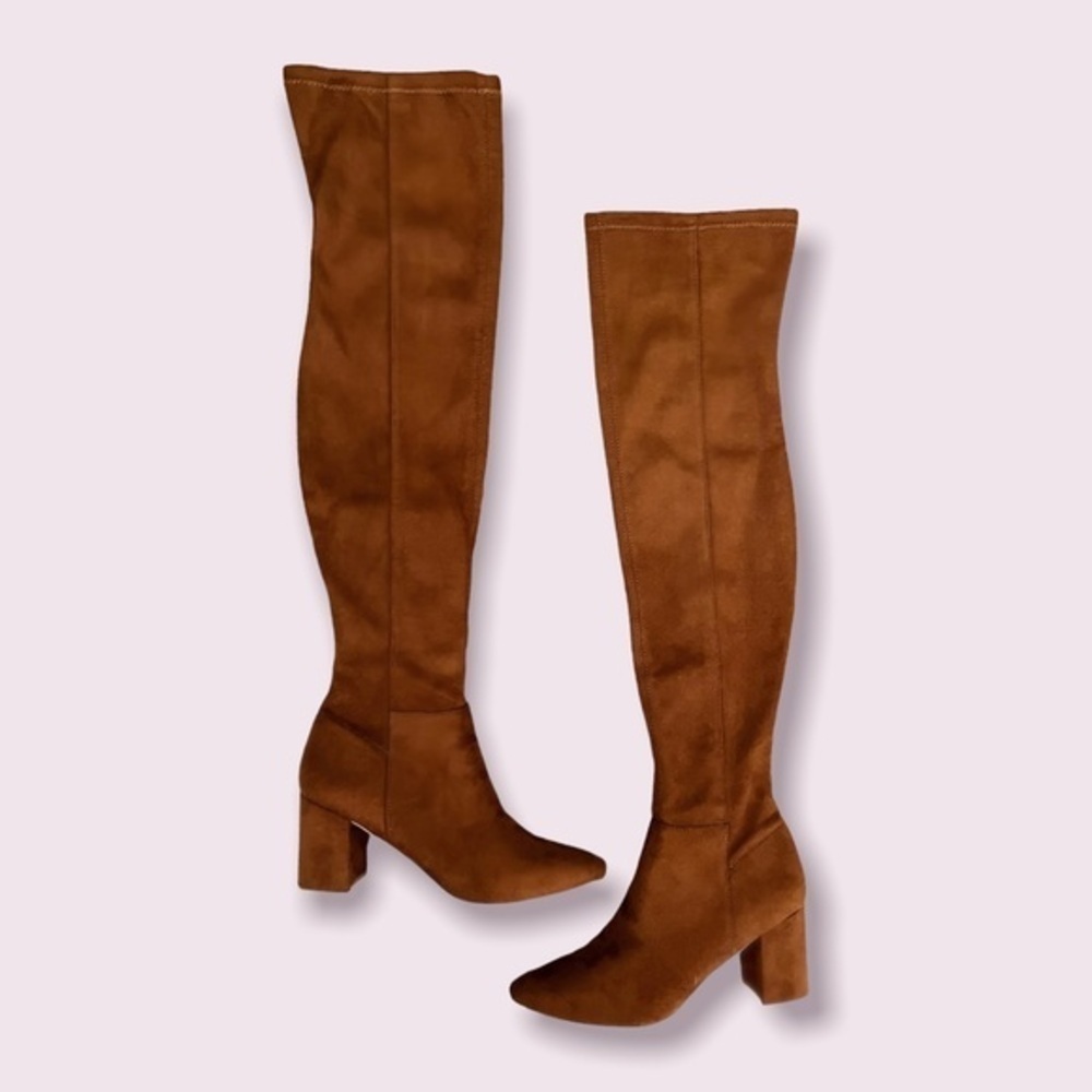 Steve Madden Shaya Boots Cognac Brown Over The Knee Suede Leather Heels Size 6.5